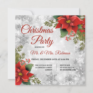Invitación Navidades Fiesta Silver Sparkle Red Poinsettia