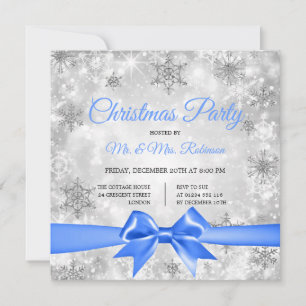 Invitación Navidades Fiesta Silver Winter Sparkle Blue Ribbon