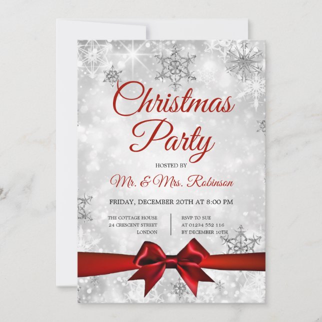 Invitación Navidades Fiesta Silver Winter Sparkle Red Ribbon (Anverso)