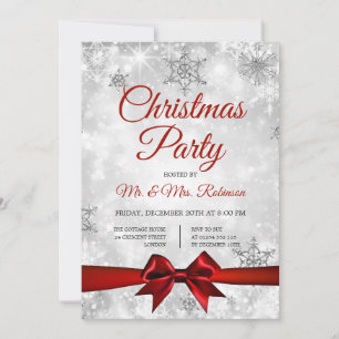 Invitación Navidades Fiesta Silver Winter Sparkle Red Ribbon