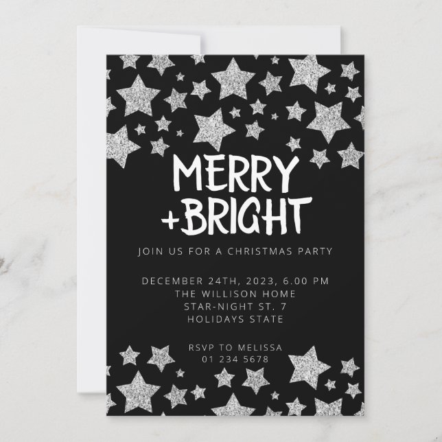 Invitación Navidades fiesta Sparkle Stars Merry negro brillan (Anverso)