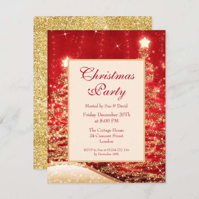 Invitación Navidades Fiesta Sparkling Trees Rojo con Purpurin (Anverso / Reverso)