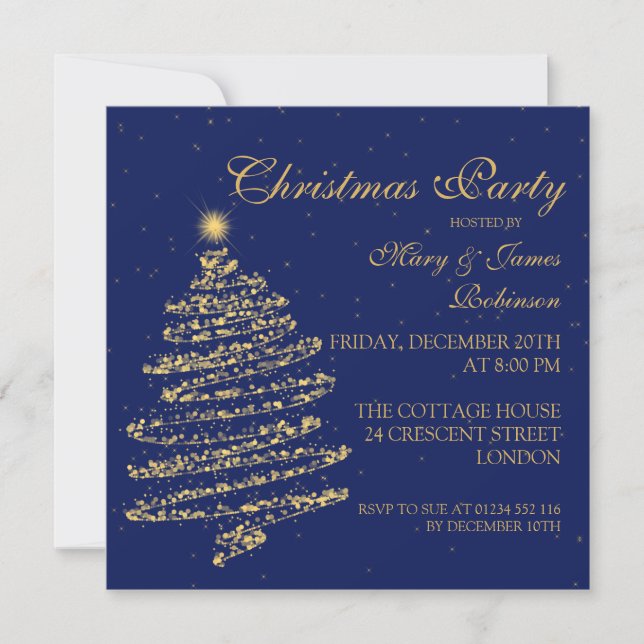 Invitación Navidades Fiesta Swirly Tree Gold & Navy Blue (Anverso)