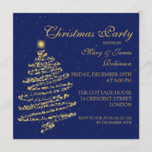 Invitación Navidades Fiesta Swirly Tree Gold & Navy Blue