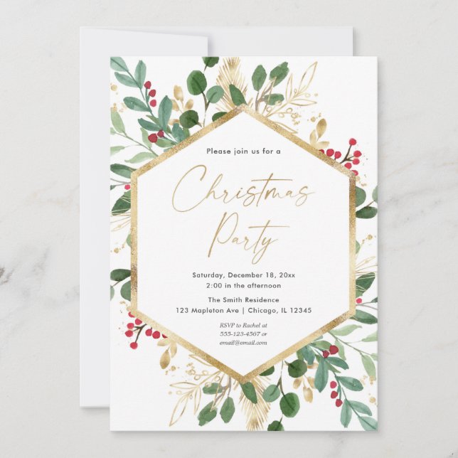 Invitación Navidades Fiesta verde oro rojo huecos elegantes (Anverso)
