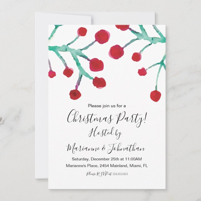 Invitación Navidades Fiesta Watercolor Berries Mano Pintada (Anverso)