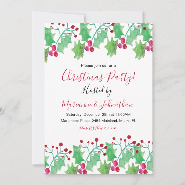Invitación Navidades Fiesta Watercolor Berry Mano Pintada (Anverso)