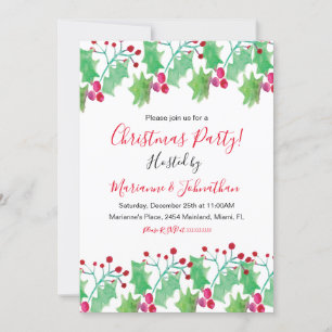 Invitación Navidades Fiesta Watercolor Berry Mano Pintada