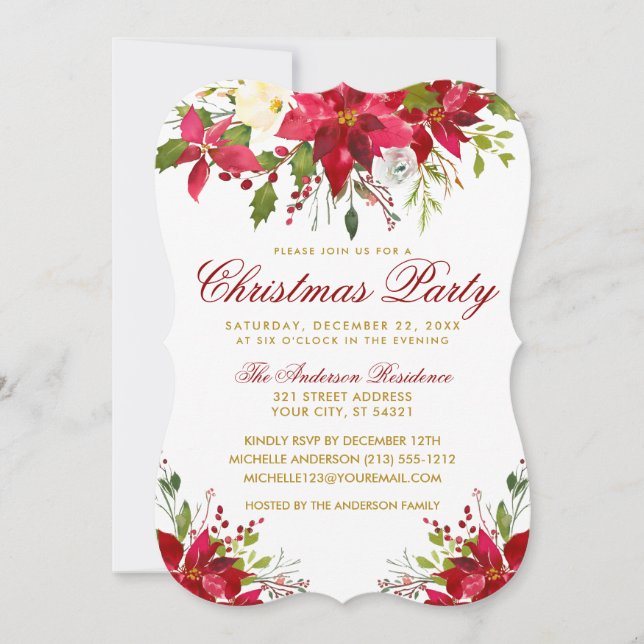 Invitación Navidades Fiesta Watercolor Floral Poinsettia (Anverso)