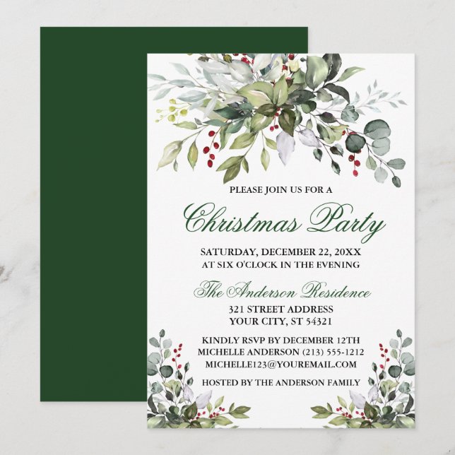 Invitación Navidades Fiesta Watercolor Greenery Berries (Anverso / Reverso)