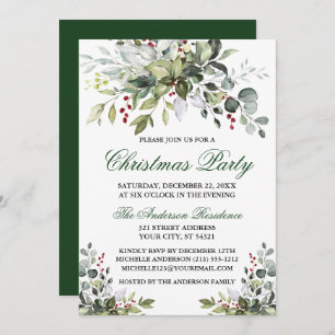 Invitación Navidades Fiesta Watercolor Greenery Berries