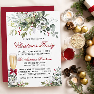 Invitación Navidades Fiesta Watercolor Greenery Berries Glass