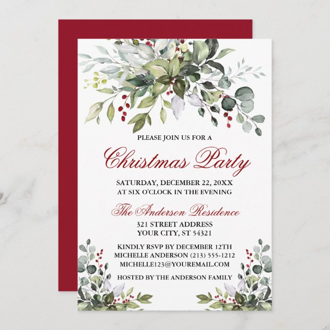 Invitación Navidades Fiesta Watercolor Greenery Red Berries (Anverso / Reverso)