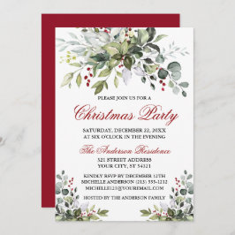 Invitación Navidades Fiesta Watercolor Greenery Red Berries