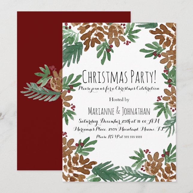 Invitación Navidades Fiesta Watercolor Pinecones Verdor Arte (Anverso / Reverso)