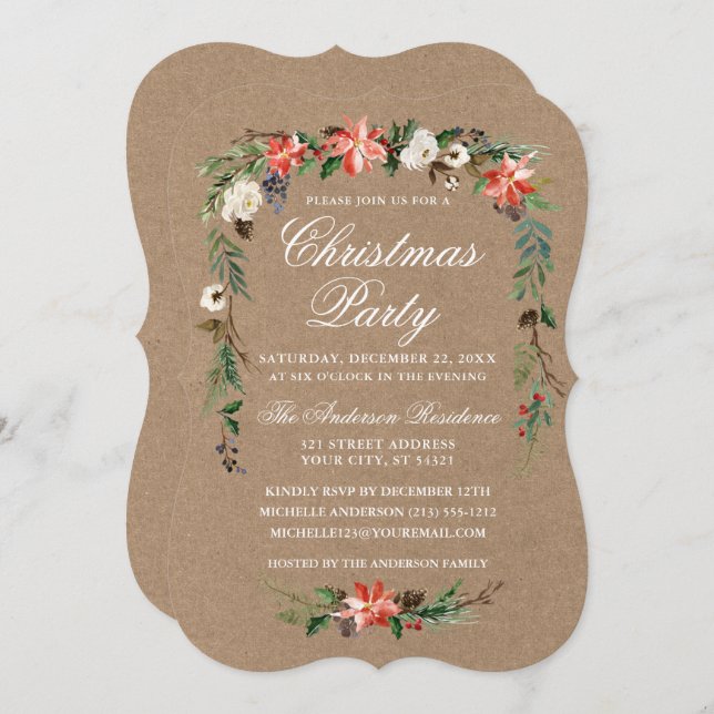 Invitación Navidades Fiesta Watercolor Poinsettia Kraft (Anverso / Reverso)