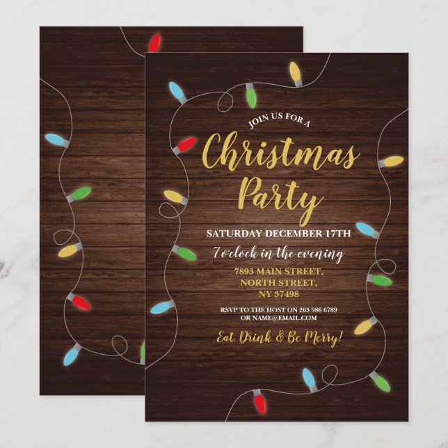 Invitación Navidades Fiesta Wood Lights Festive Tree (Anverso / Reverso)