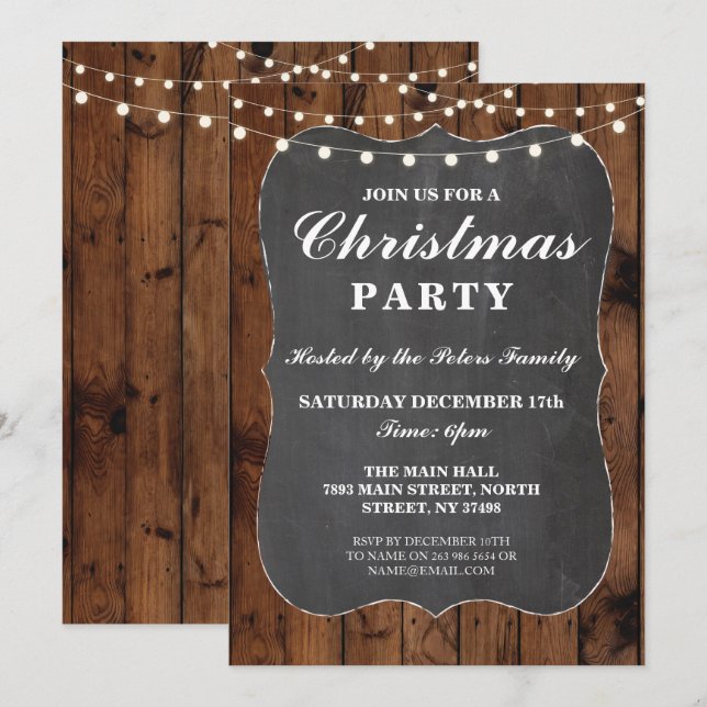 Invitación Navidades Fiesta Wood Rustic Chalk Dinner Day (Anverso / Reverso)