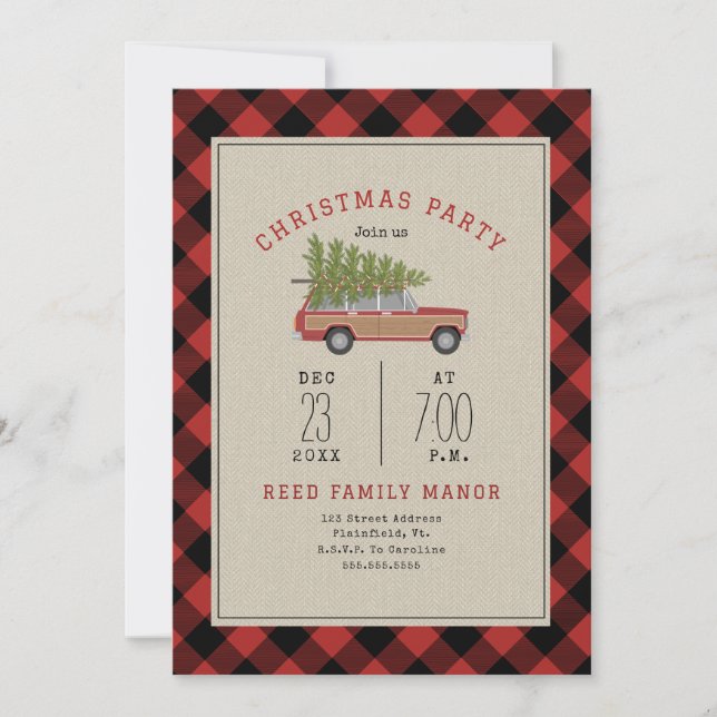 Invitación Navidades Fiesta Wood Wagon Car Tree Plaid (Anverso)