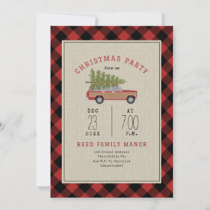 Invitación Navidades Fiesta Wood Wagon Car Tree Plaid