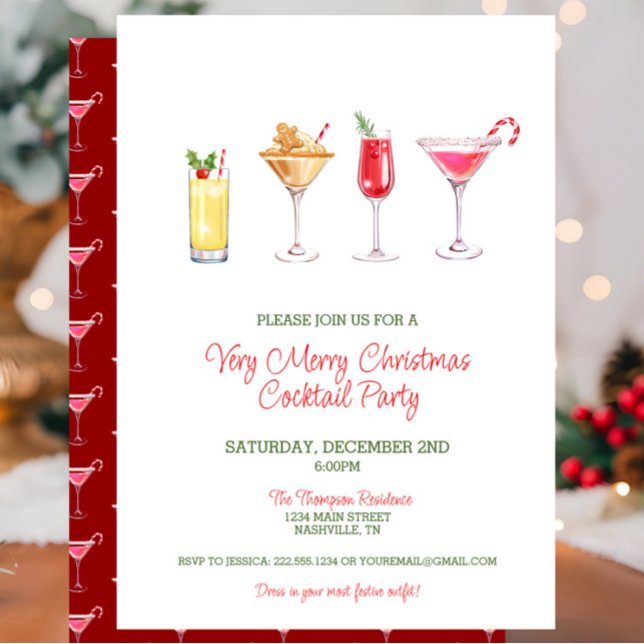 Invitación Navidades Fiestas de cócteles de festividades (Very Merry Christmas Cocktail Party, Red Candy Cane Martini, Gingerbread Drinks, Holiday Party)