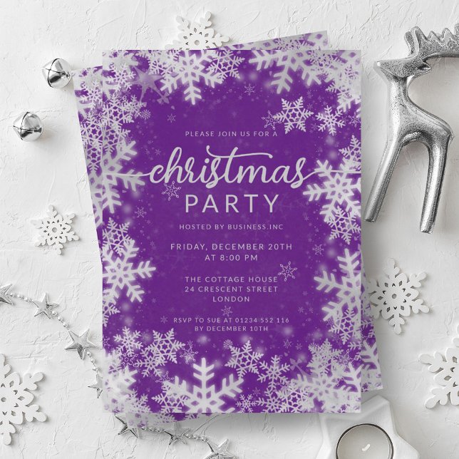 Invitación Navidades Fiestas de Purple Faux Relieve metalizad (Purple Faux Foil Snowflakes Christmas Party Invitation)