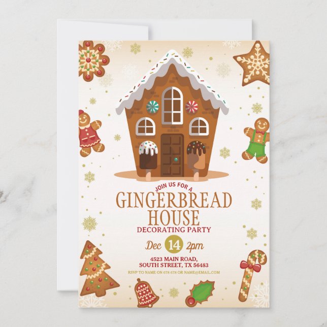 Invitación Navidades Fiestas decorando la casa de Gingerbread (Anverso)