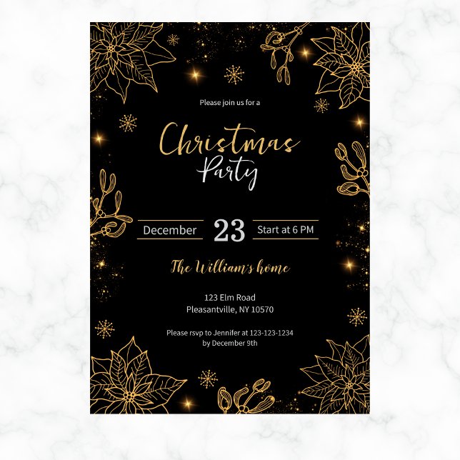 Invitación Navidades Fiestas Flores y Estrellas | Negro y oro (Subido por el creador)