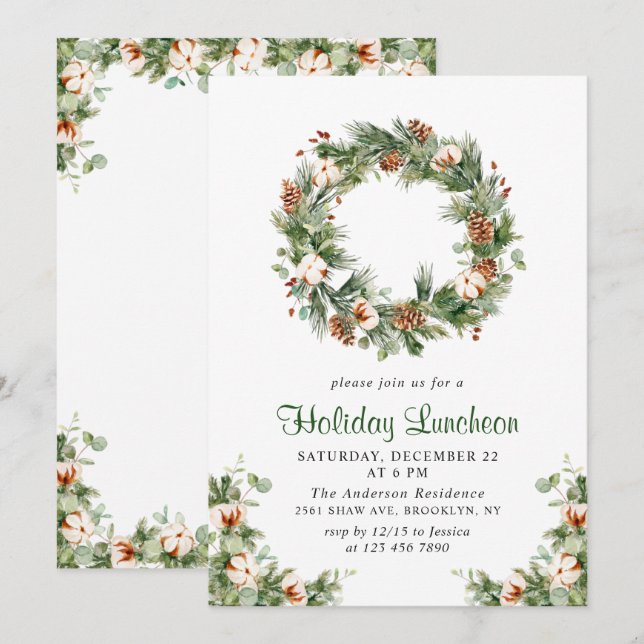 Invitación Navidades Fir Wreath de Pine Cones (Anverso / Reverso)