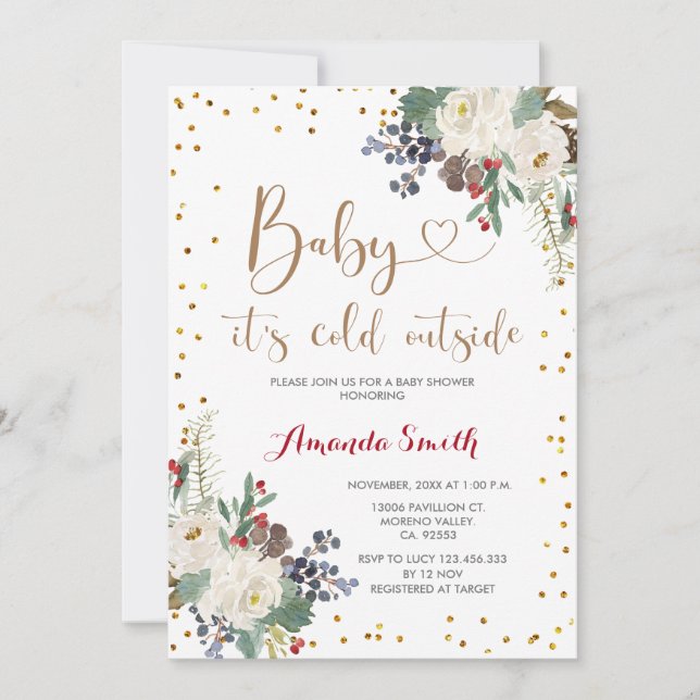Invitación Navidades floral hace frío fuera de Baby Shower (Anverso)