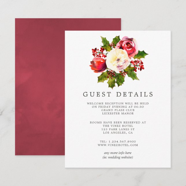 Invitación Navidades Floral Holly Boda Detalles del invitado (Anverso / Reverso)