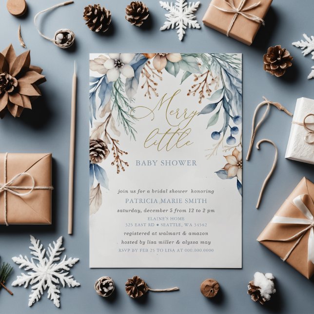 Invitación Navidades Floral Invernal Merry Pequeño Baby Showe (Christmas Winter Floral Merry Little Baby Shower Invitation)
