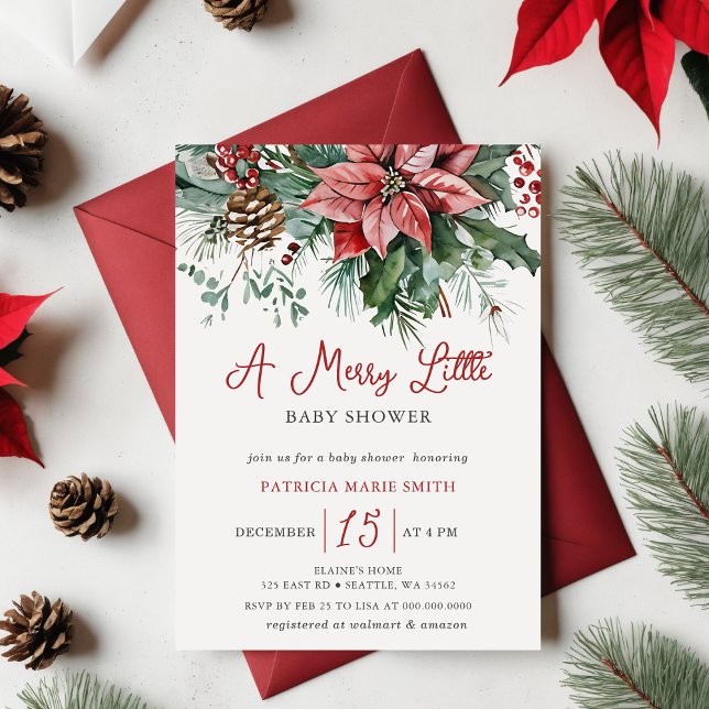 Invitación Navidades Floral Invernal Merry Pequeño Baby Showe (Christmas Winter Floral Merry Little Baby Shower Invitation)