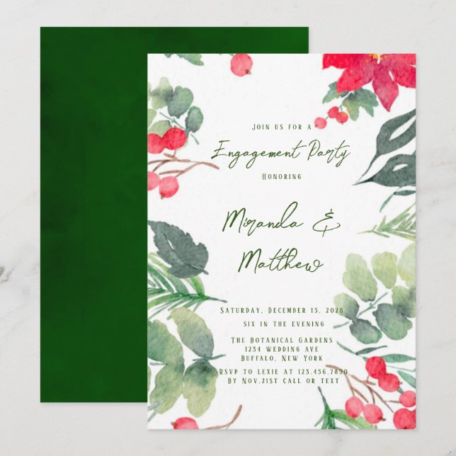 Invitación Navidades Floral Paint Green Leaf Engagement Party (Anverso / Reverso)