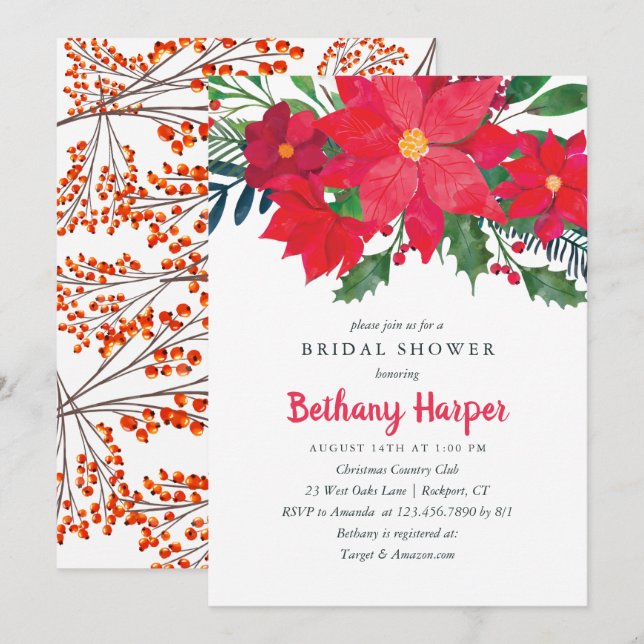 Invitación Navidades Floral Poinsettia Bridal Shower (Anverso / Reverso)