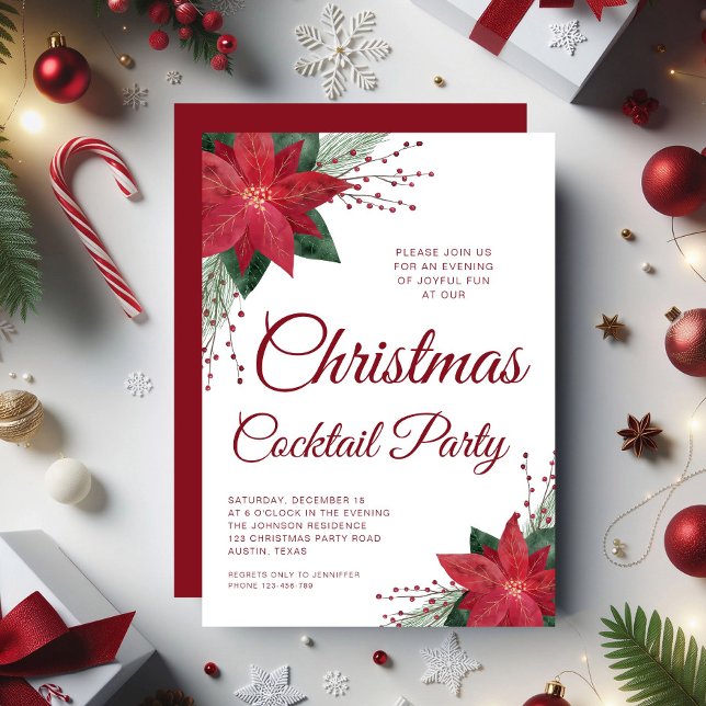 Invitación Navidades Floral Poinsettia Script Fiesta de cócte (Floral Poinsettia Script Christmas Cocktail Party Invitation)