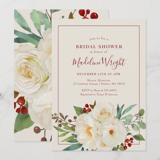 Invitación Navidades Floral Watercolor Bridal Shower (Anverso / Reverso)