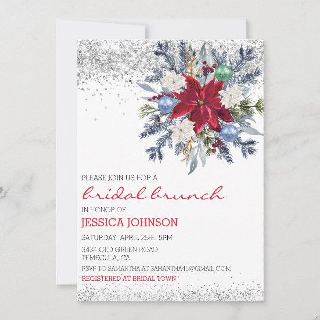 Invitación Navidades Floral Winter Bridal Brunch Poinsettia (Anverso)