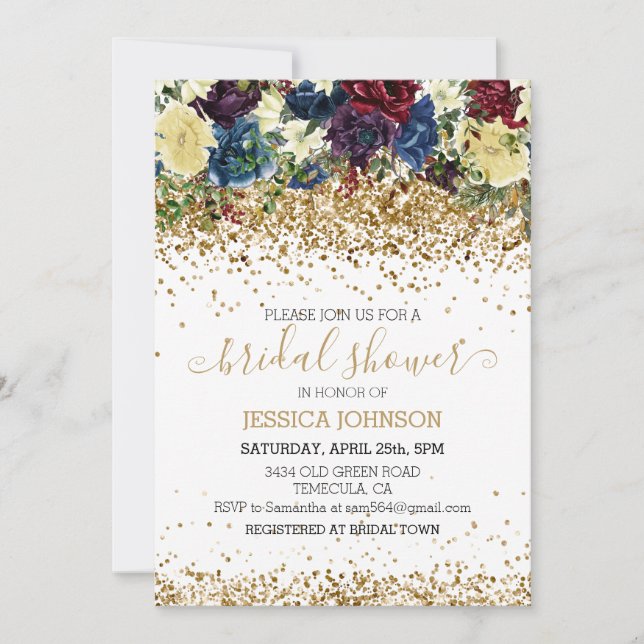 Invitación Navidades Floral Winter Bridal Shower Gold (Anverso)