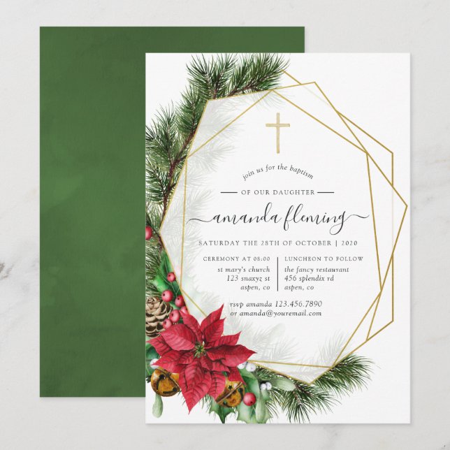 Invitación Navidades florales bautismo geométrico o cristiani (Anverso / Reverso)