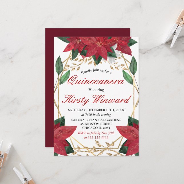 Invitación Navidades florales de acuarela de Poinsettia Quinc (Anverso/Reverso In Situ)