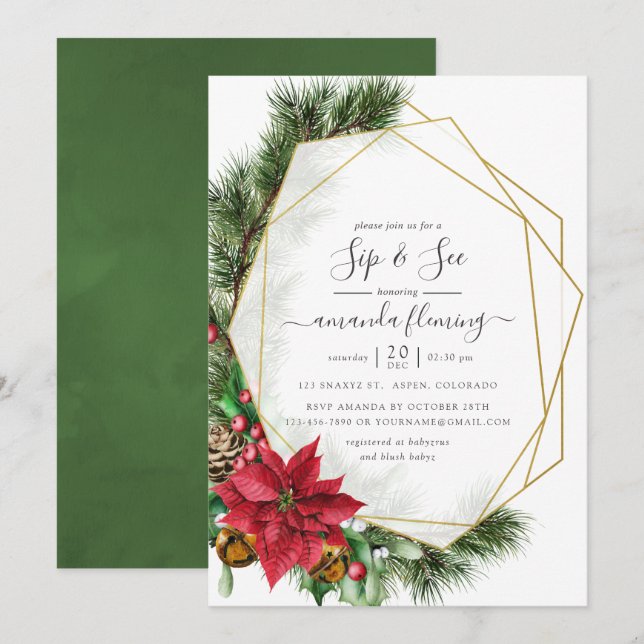 Invitación Navidades florales de acuarela Sip geométrico y ve (Anverso / Reverso)