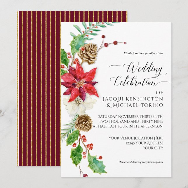 Invitación Navidades florales de Borgoña Holly Berry Gold Win (Anverso / Reverso)