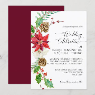 Invitación Navidades florales de Borgoña Holly Berry Gold Win