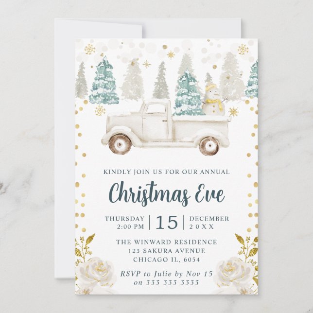 Invitación Navidades florales de Camión Blanco y Oro de Invie (Anverso)