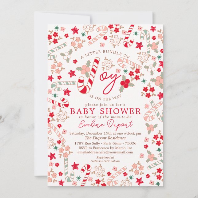 Invitación Navidades Florales de Candy Cane Baby Shower (Anverso)