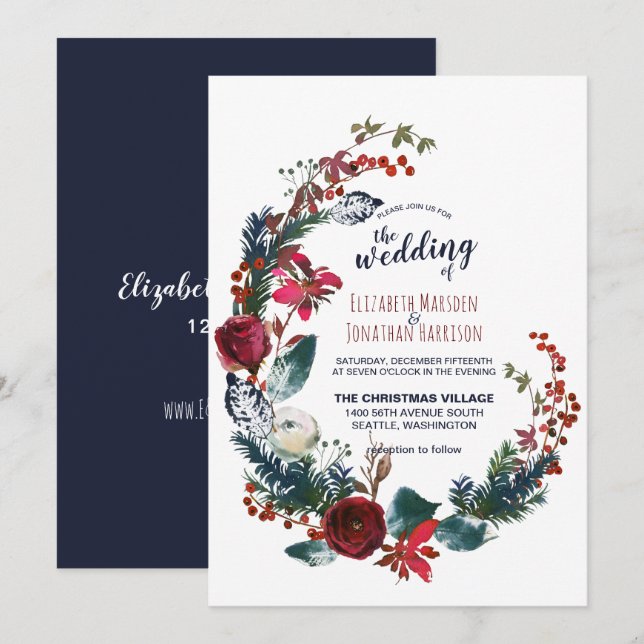 Invitación Navidades florales de color azul borgoña Boda de v (Anverso / Reverso)