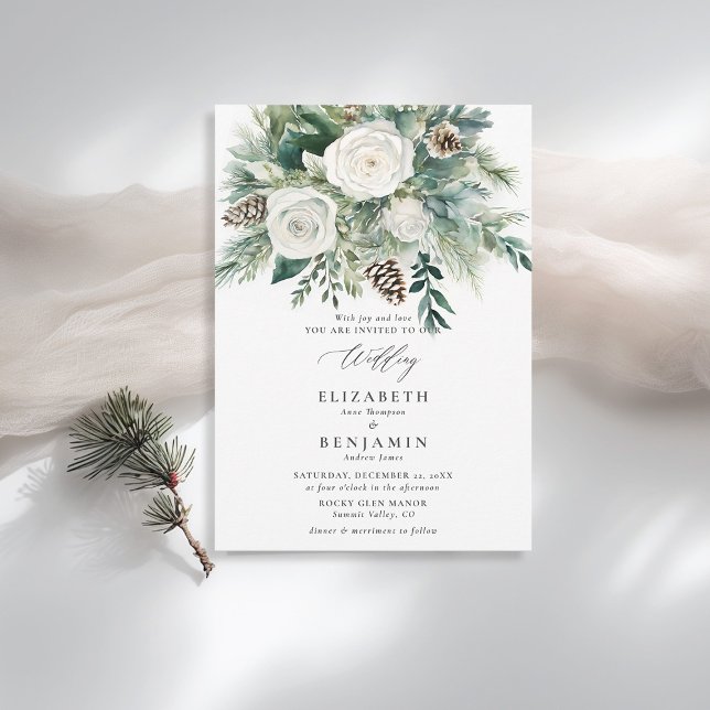 Invitación Navidades florales de invierno acuarela matrimonio (winter wedding invitation christmas floral botanical pine tree cone white roses rustic cozy elegant)