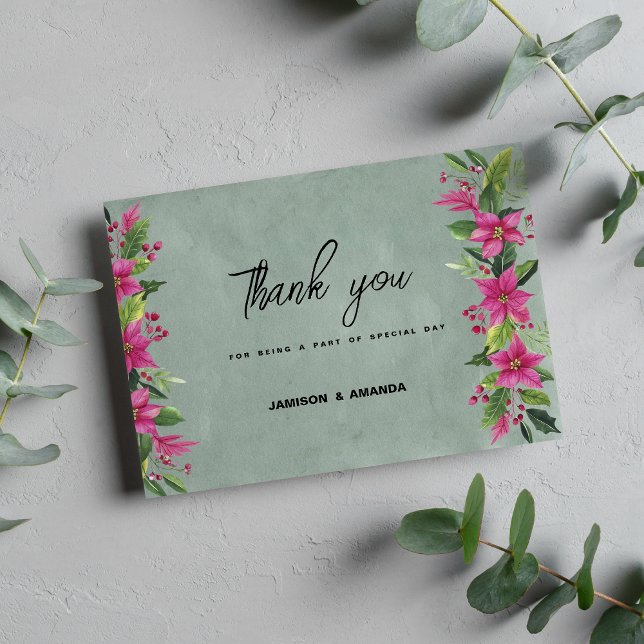 Invitación Navidades florales de invierno verde malva rosa Gr (Mauve green pink winter floral Christmas Thank You )