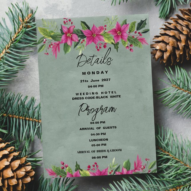 Invitación Navidades florales de invierno verde rosa (Green pink winter floral Christmas Details Program)